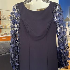 Eliza J 3D Fleurette Round Neck Balloon Long Mesh Floral Applique Sleeve Dress